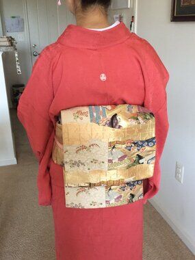 Vintage Silk Kimono Obi Belt 'Fukuro-Obi' with gold silver threads, wave pattern